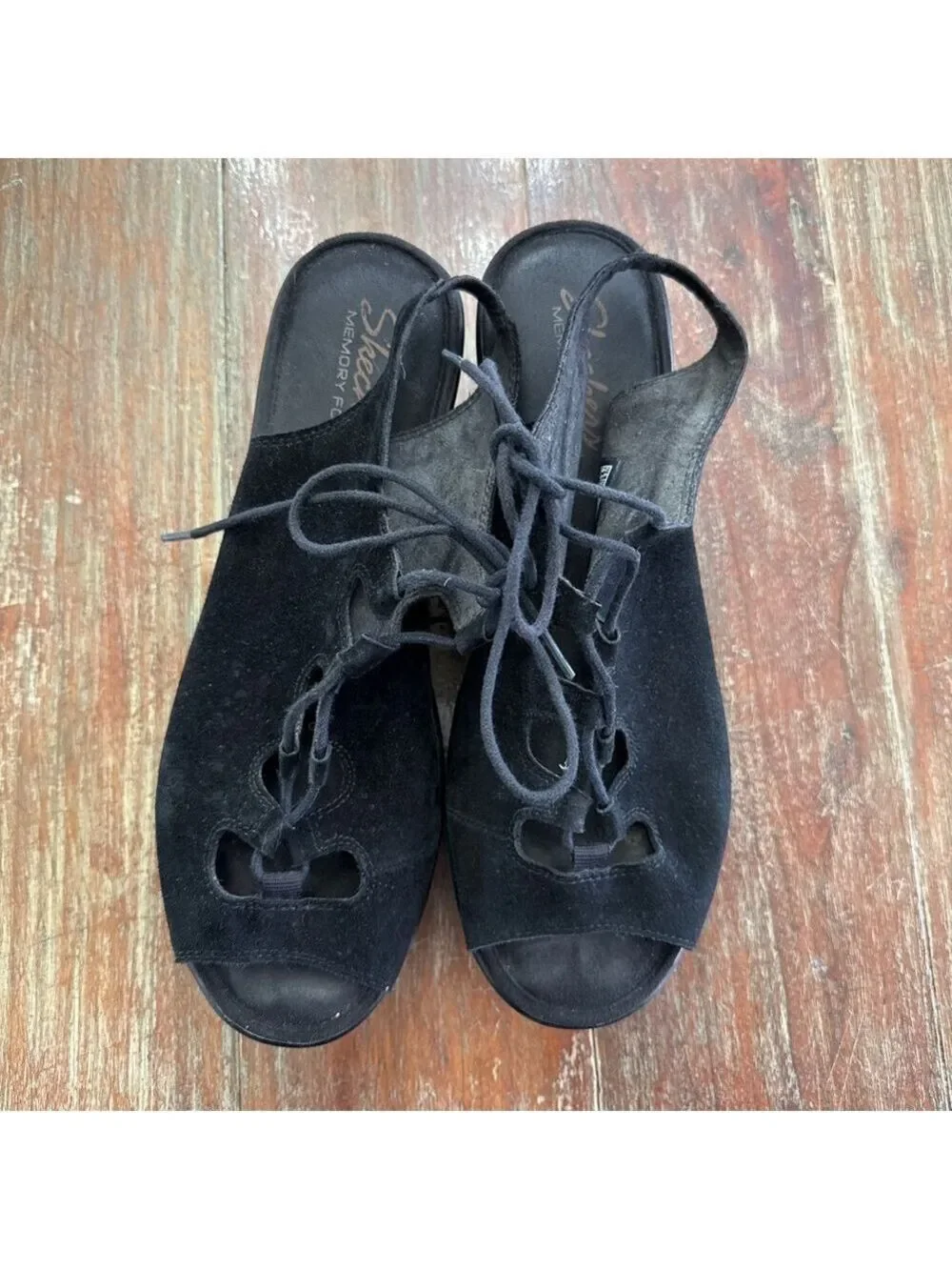 Skechers Black Suede Ghillie Lace-Up Peep Toe Wedges - Women's Size 9.5